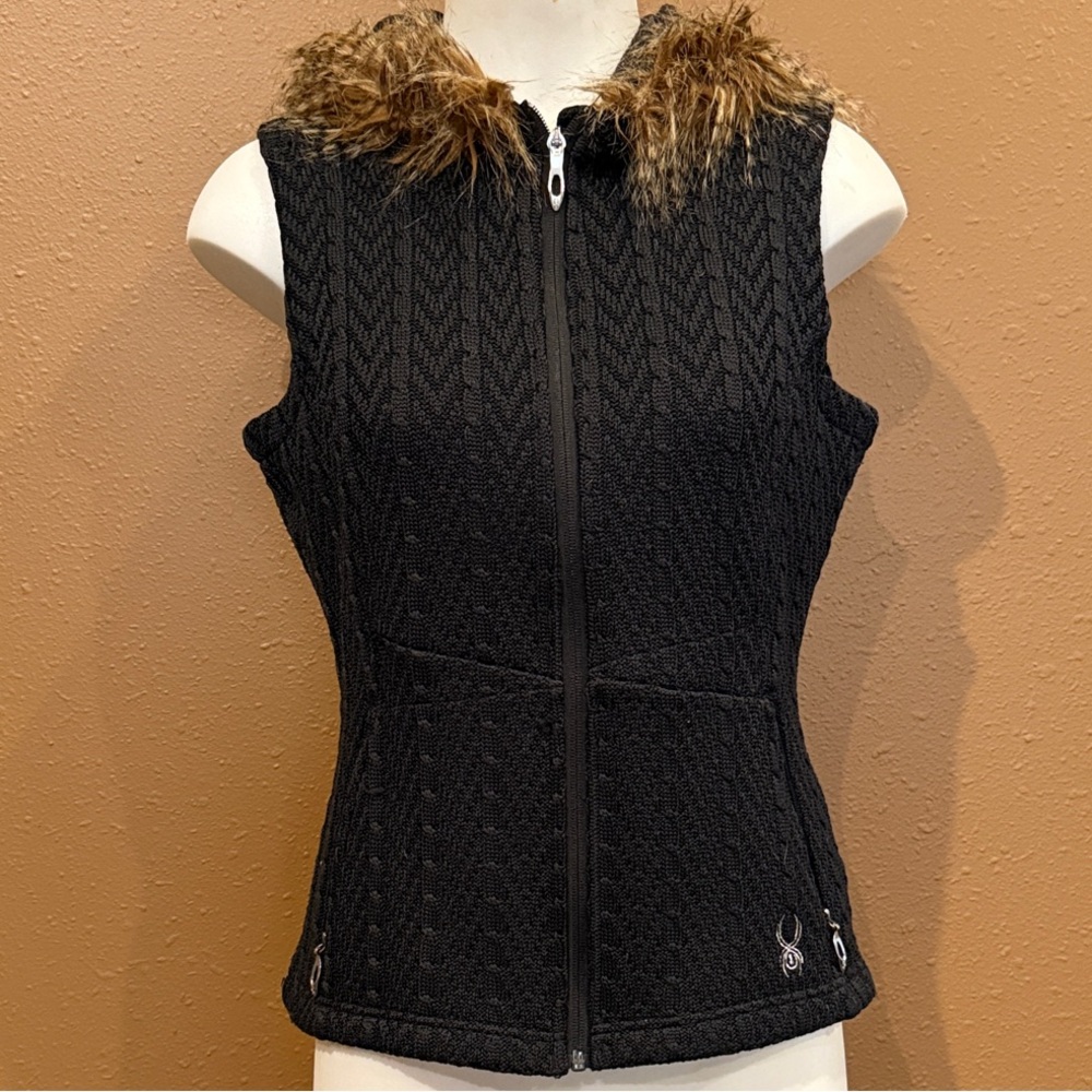 Spyder Black Knit Vest w/ Faux Fur Collar | Zip Front | Ski Lodge Athleisure
